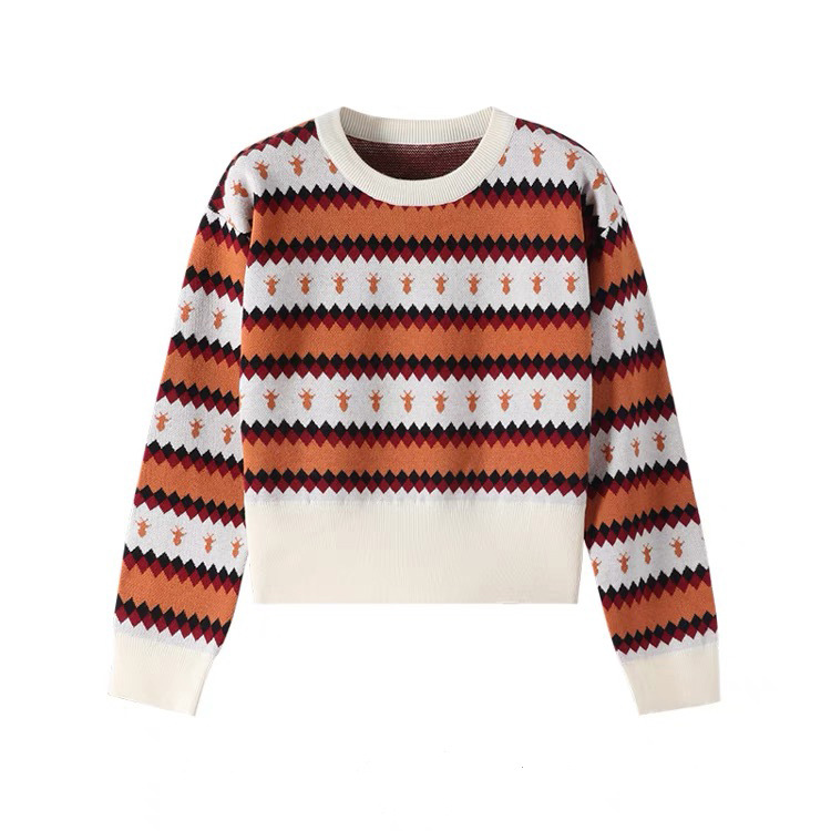 OEM カスタム新人デザイナー秋冬ファッションジャカードストライプニットプルオーバーセーター女性のための