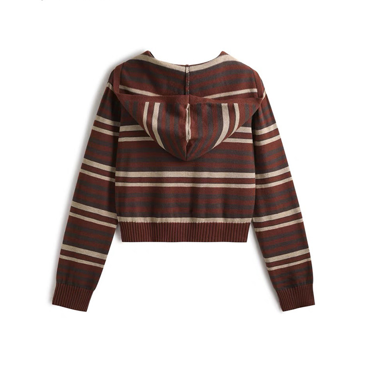 OEM 工場カスタム秋冬カジュアルレディースニットウェアジップストライプフード付き女性ニットセーターコートカーディガン