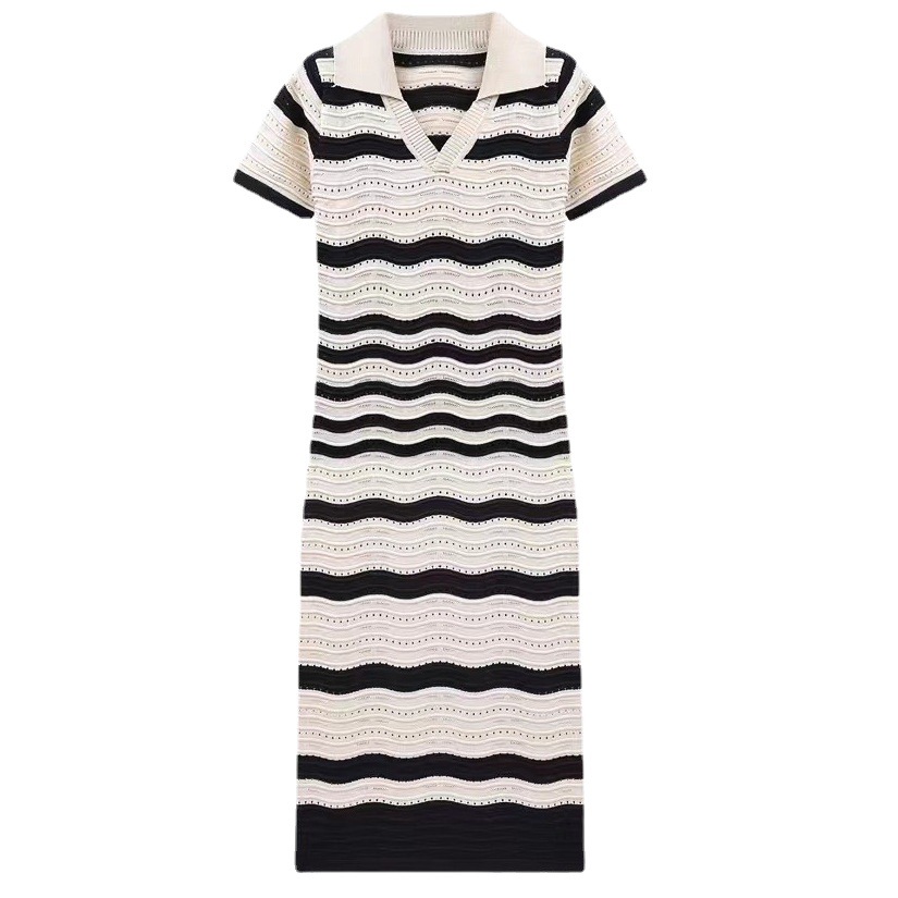 OEM 工場カスタム春夏スリム半袖 V ネックストライプ女性ロングニットセータードレス