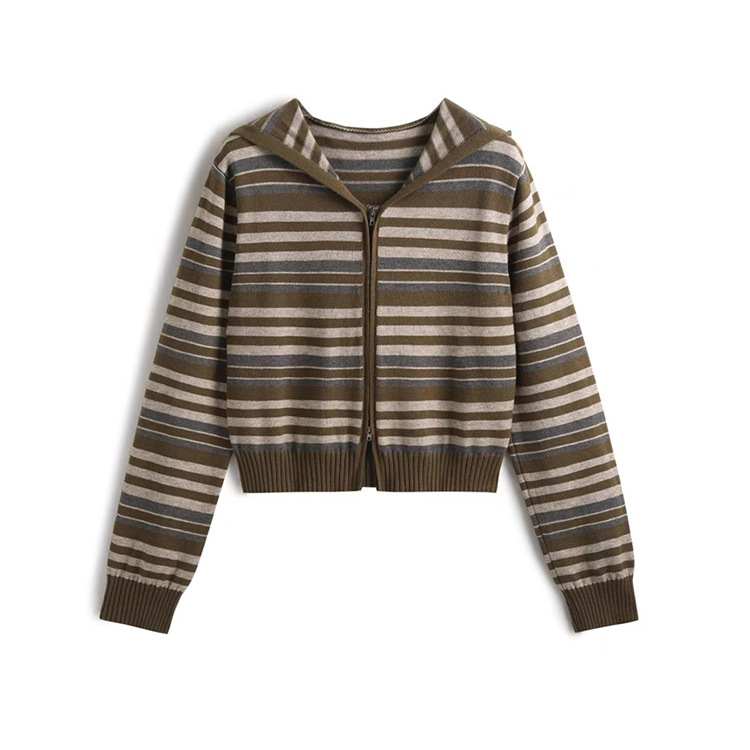 OEM 工場カスタム秋冬カジュアルレディースニットウェアジップストライプフード付き女性ニットセーターコートカーディガン