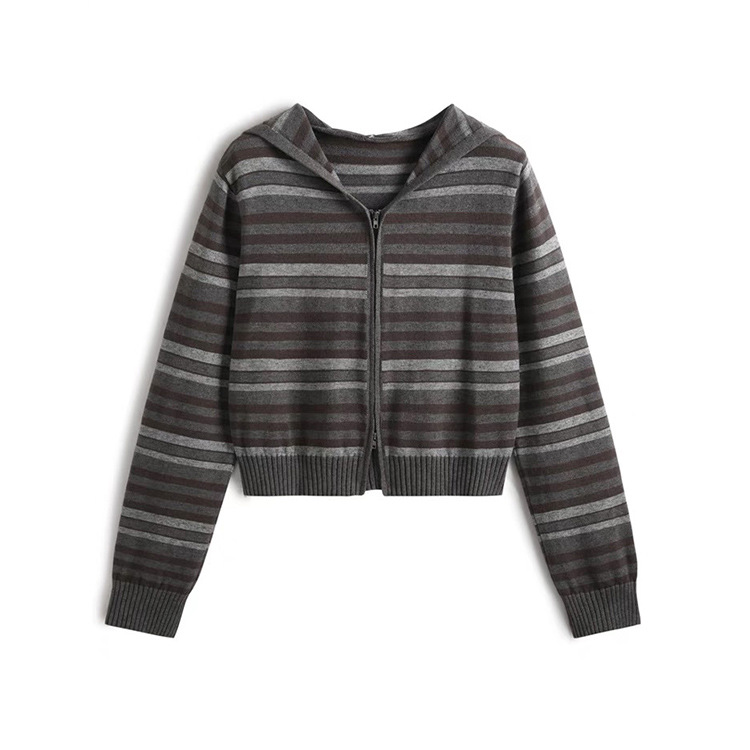 OEM 工場カスタム秋冬カジュアルレディースニットウェアジップストライプフード付き女性ニットセーターコートカーディガン