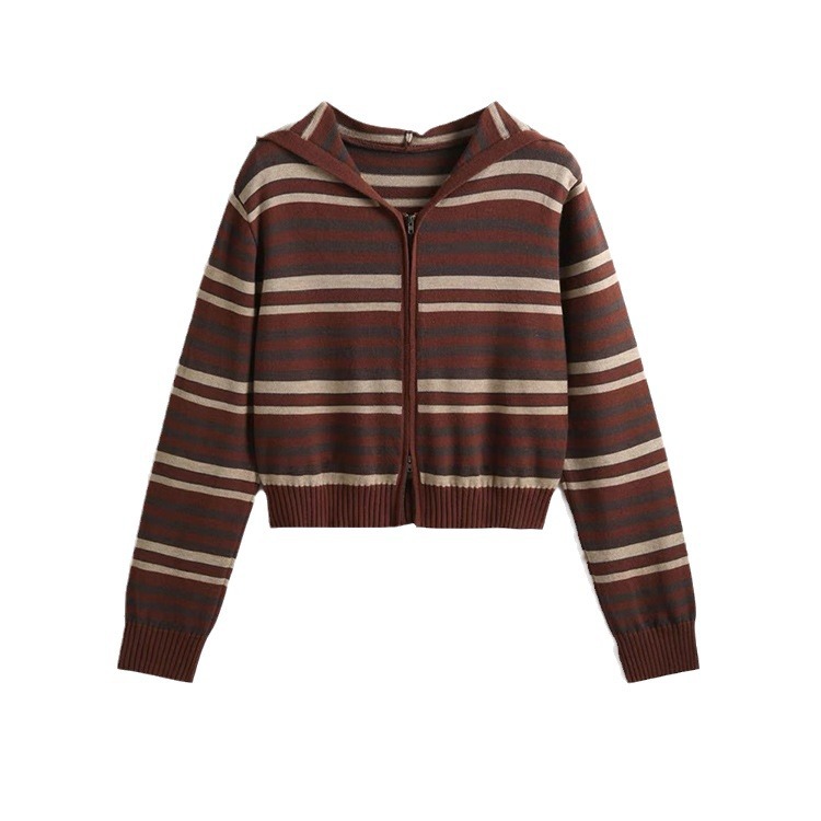 OEM 工場カスタム秋冬カジュアルレディースニットウェアジップストライプフード付き女性ニットセーターコートカーディガン