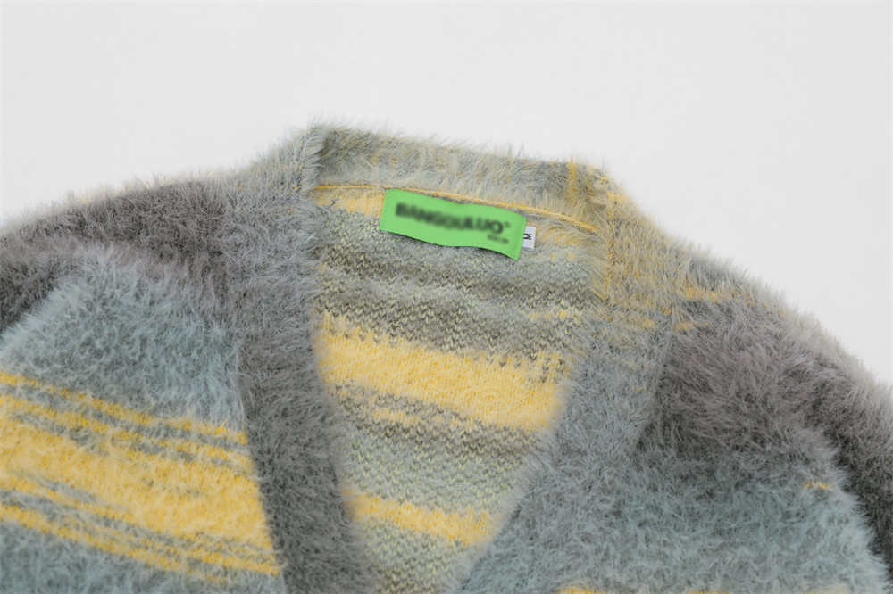 OEM カスタム秋冬メンズソフトモヘアニット V ネックニットストライプコートカーディガンセーター 