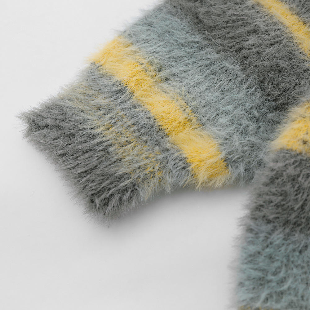 OEM カスタム秋冬メンズソフトモヘアニット V ネックニットストライプコートカーディガンセーター 