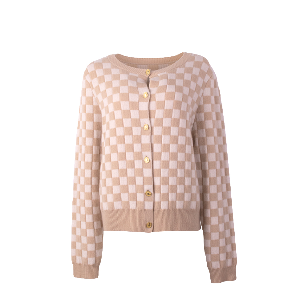OEM 製造カスタム秋冬ニットチェック柄ニット長袖女性レディースセーターコートカーディガン